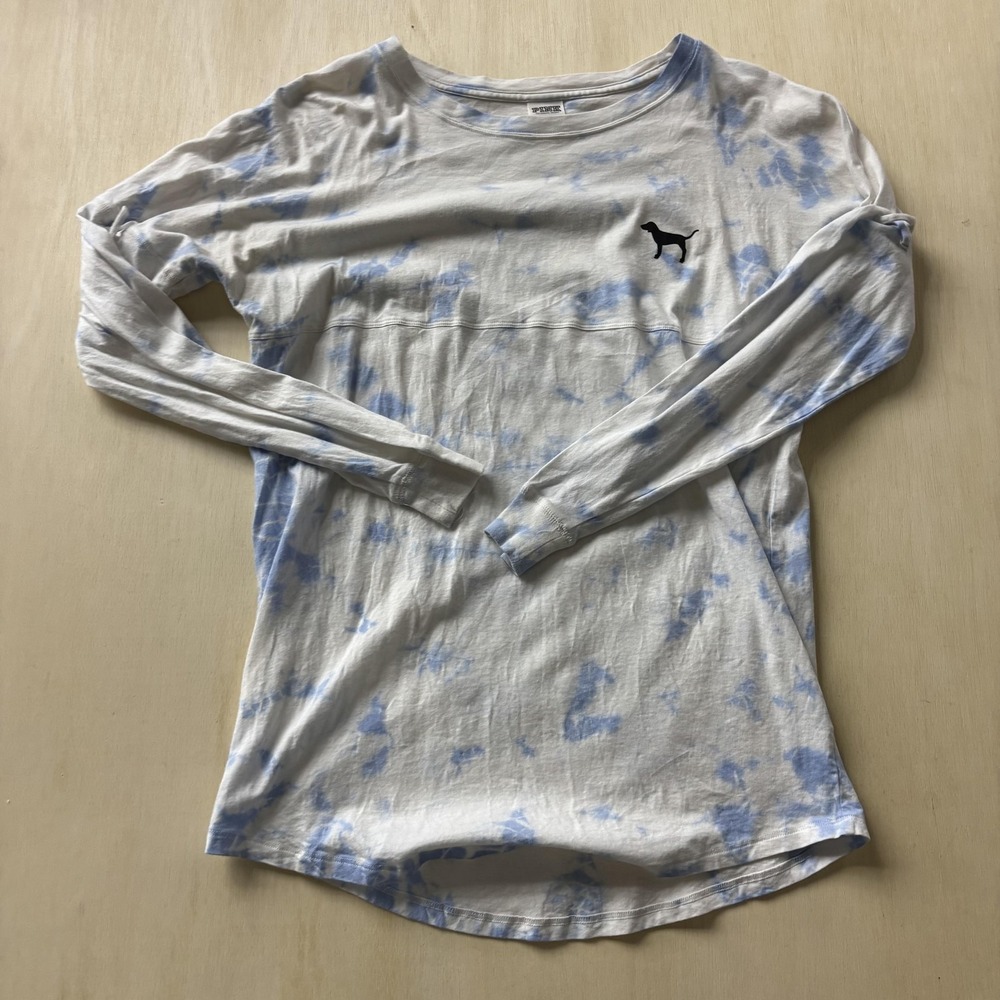 PINK Victoria's Secret Shirt Womens XS White Tie Dye Long Sleeve Dog Logo Top